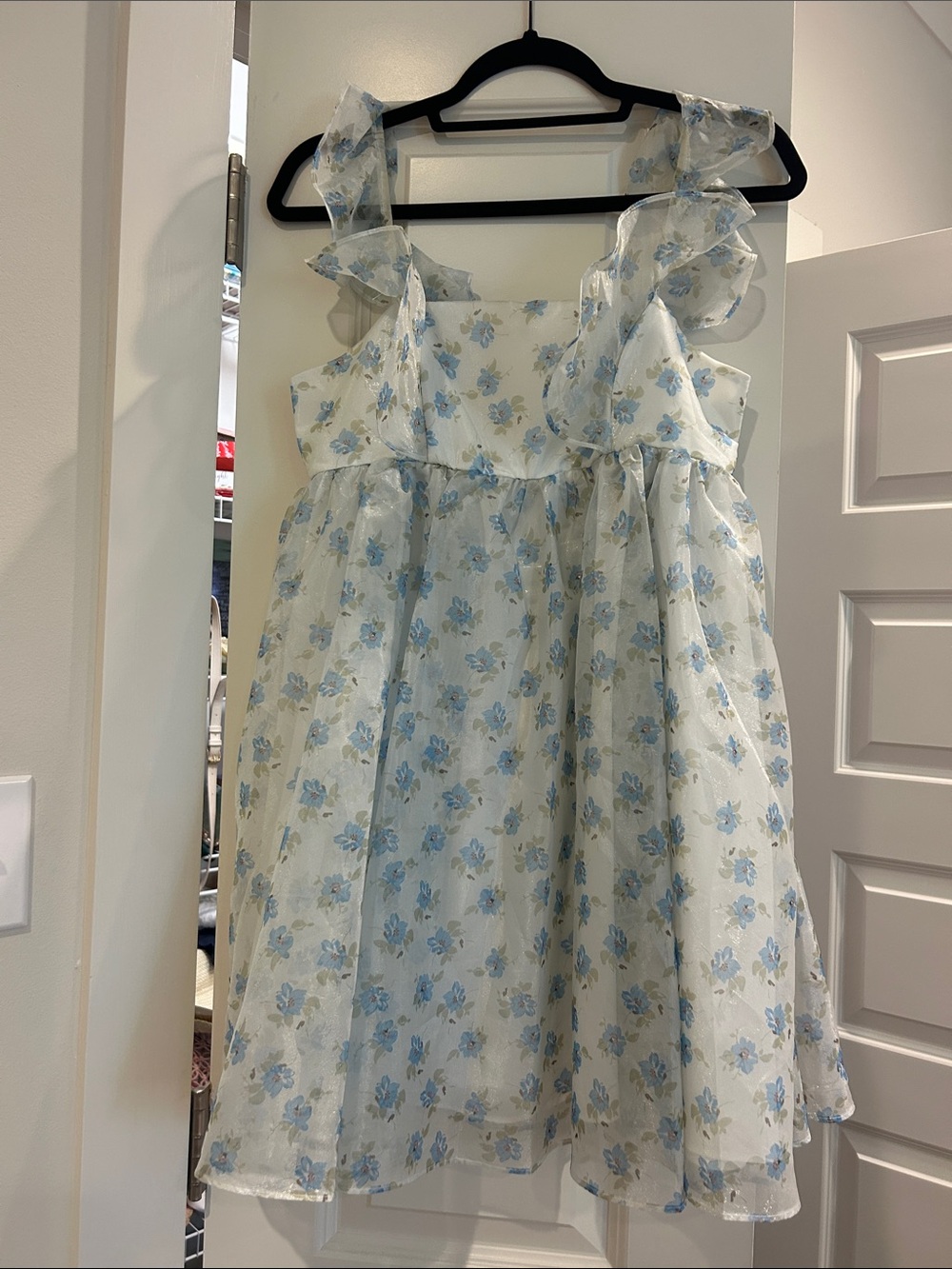 Girls Blue Floral Ruffle-Strap Dress